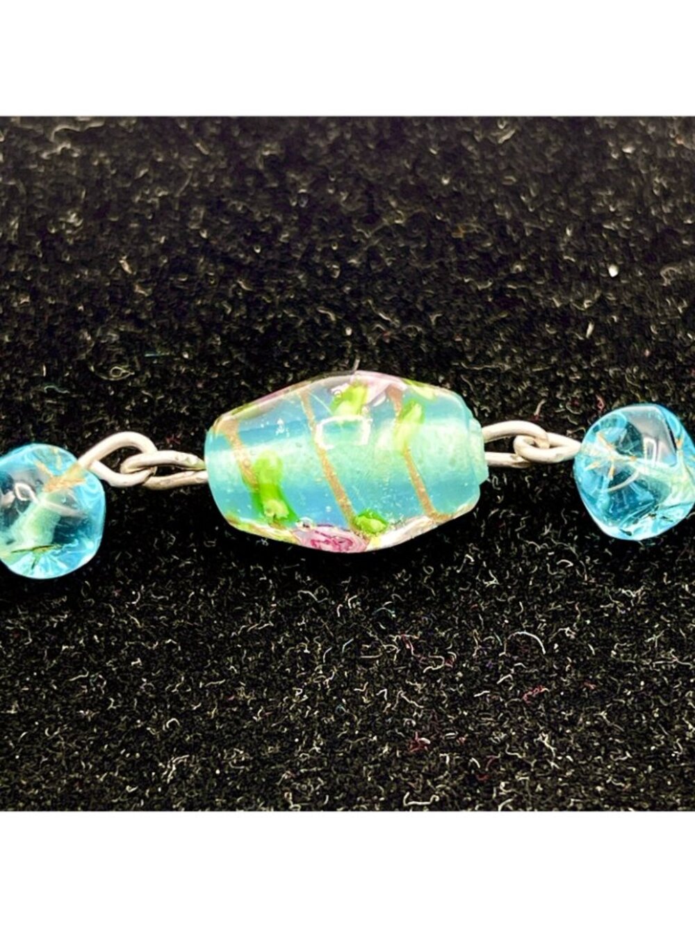 Handmade Glass Bead Lavalier Necklace Teal Gold Pink Rose Sterling Vintage 1950s - Picture 9 of 13